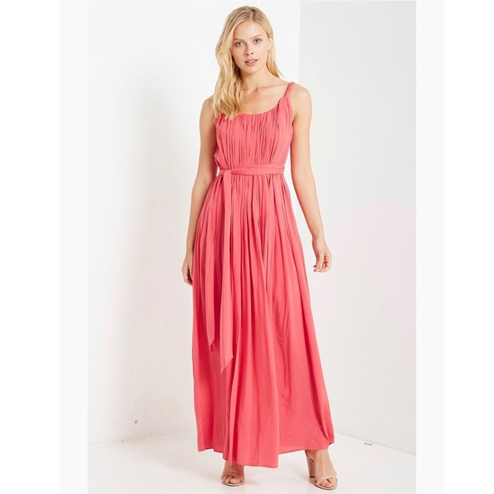 Coral Pleated Maxi Dress with Sash Belt